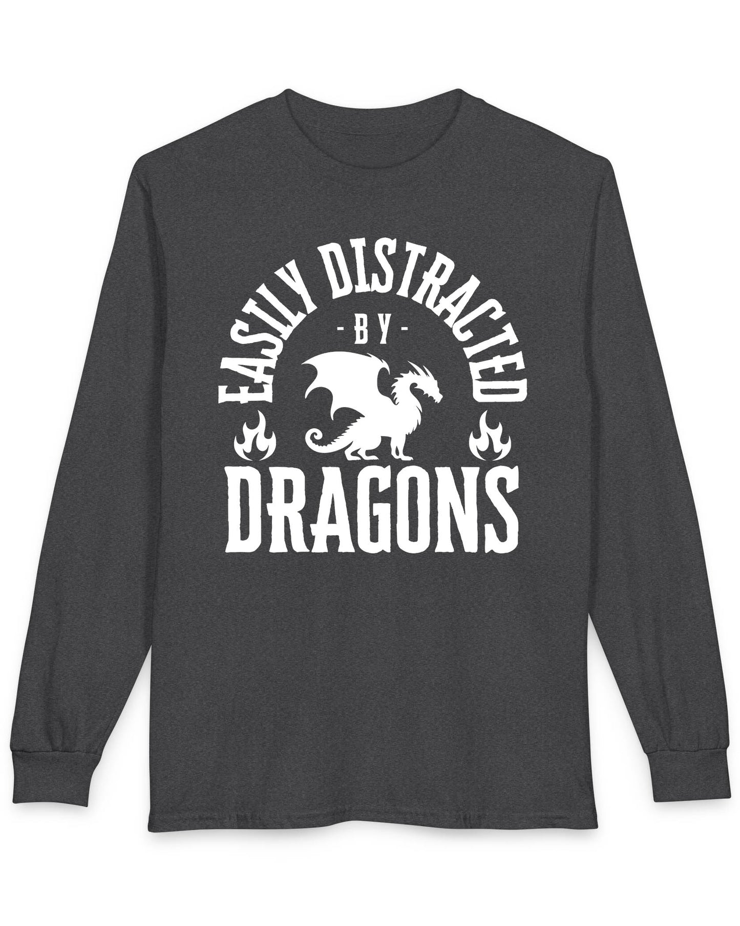 Easily Distracted by Dragons shirt in dark heather featuring bold text with a dragon silhouette and flame icons