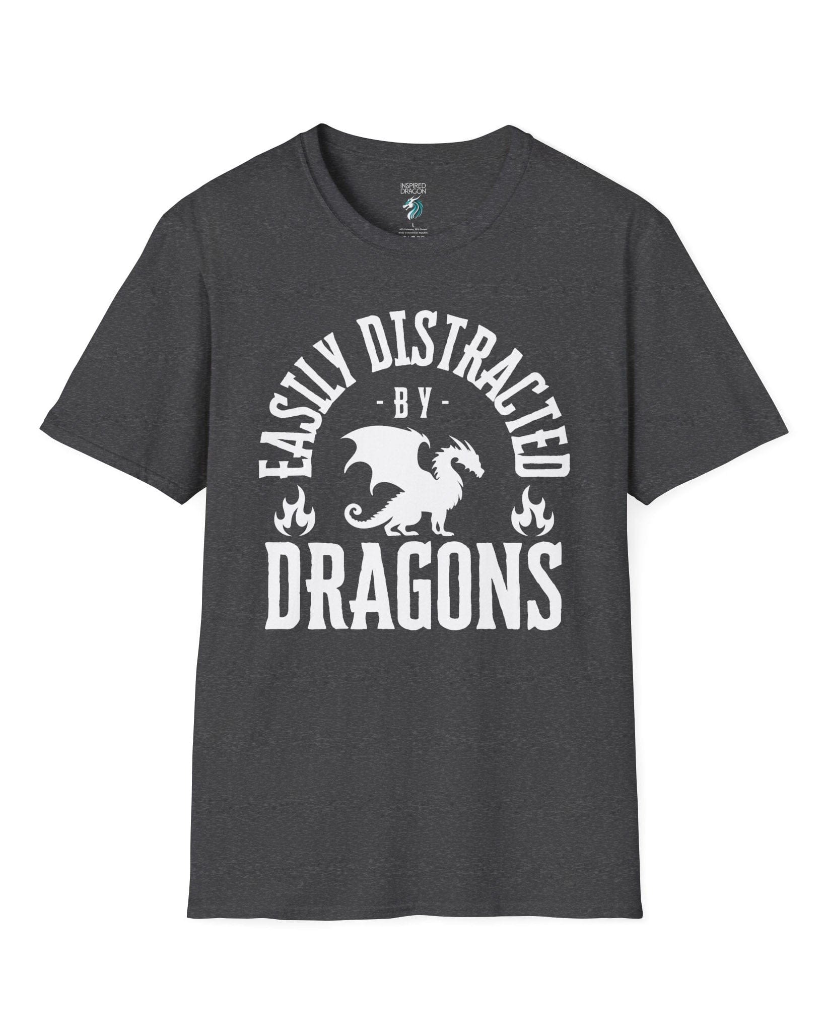 Easily Distracted by Dragons shirt in dark heather grey featuring bold text with a dragon silhouette and flame icons.
