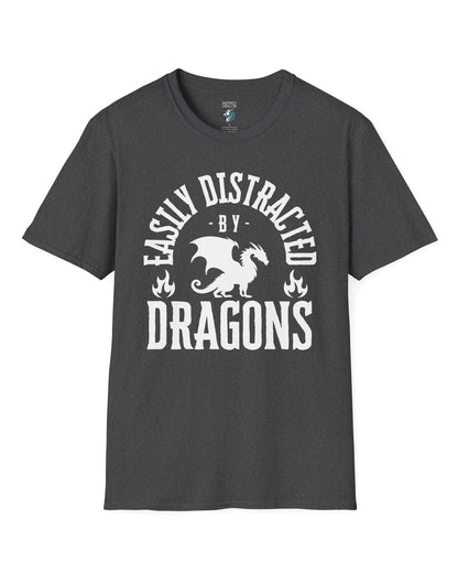 Easily Distracted by Dragons shirt in dark heather grey featuring bold text with a dragon silhouette and flame icons.
