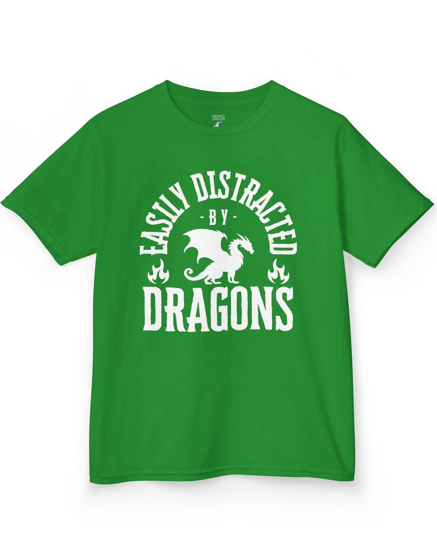Easily Distracted by Dragons shirt in Irish green featuring bold text with a dragon silhouette and flame icons