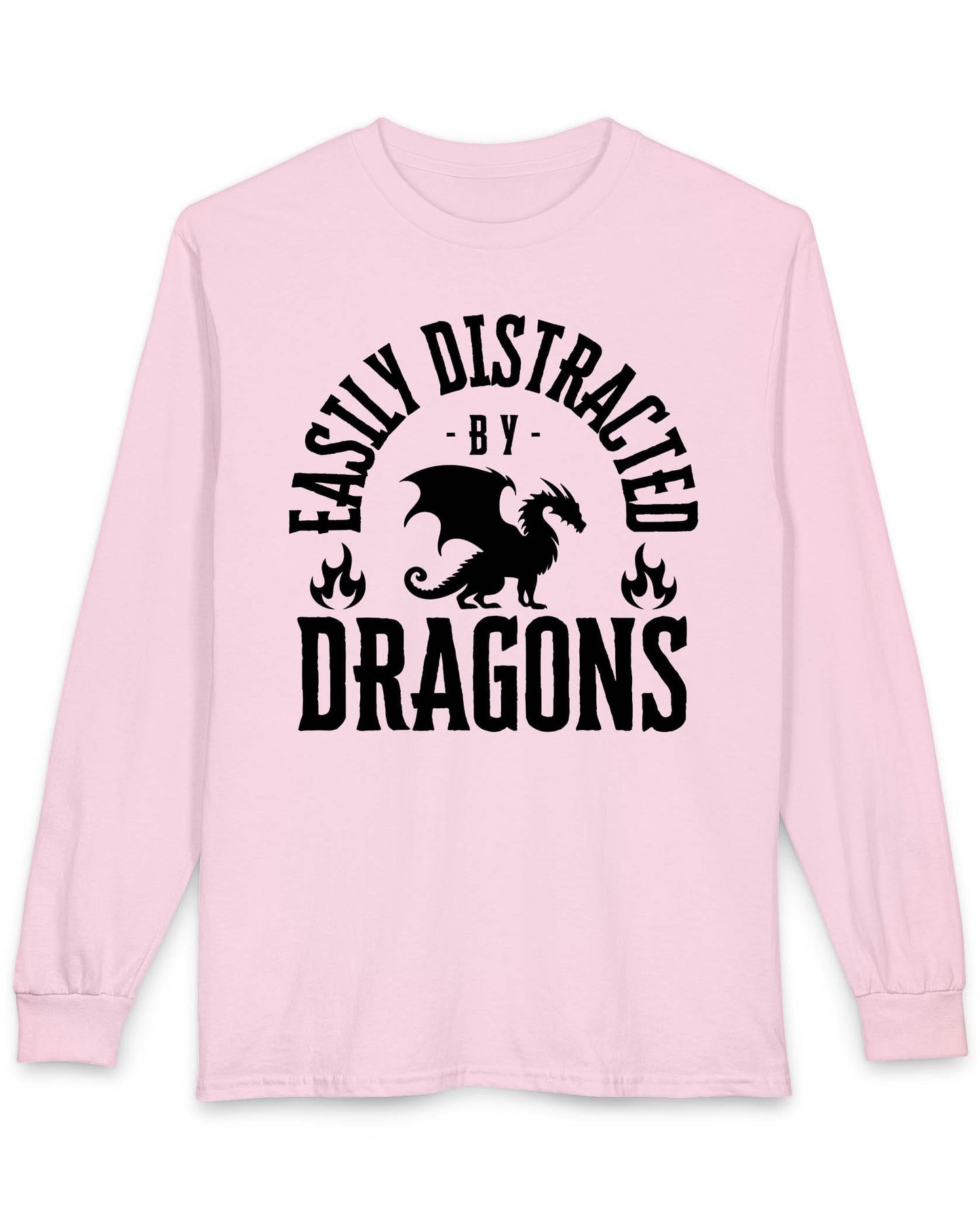 Easily Distracted by Dragons shirt in light pink featuring bold text with a dragon silhouette and flame icons