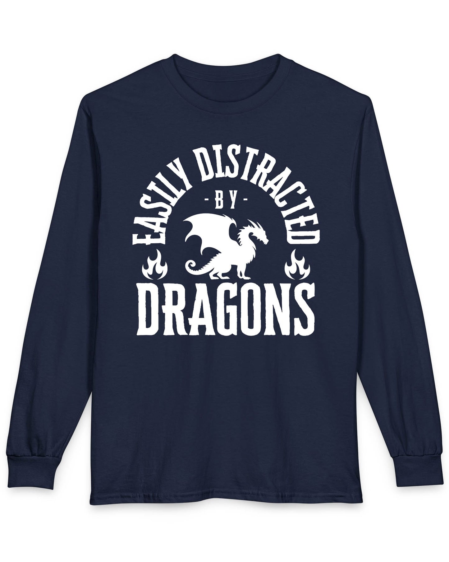 Easily Distracted by Dragons shirt in navy featuring bold text with a dragon silhouette and flame icons