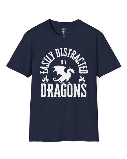 Easily Distracted by Dragons shirt in navy featuring bold text with a dragon silhouette and flame icons.
