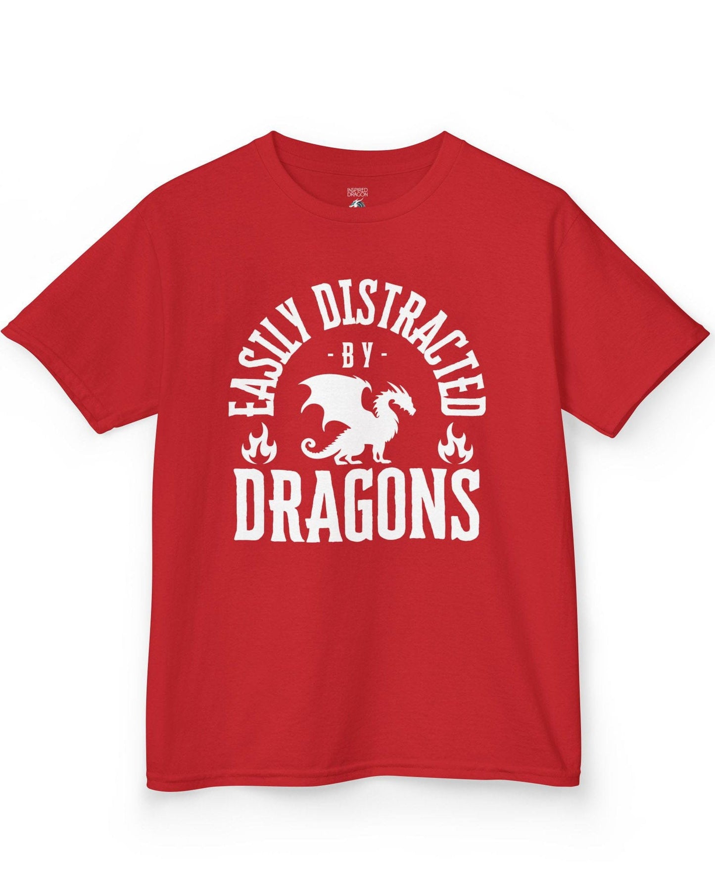 Easily Distracted by Dragons shirt in red featuring bold text with a dragon silhouette and flame icons