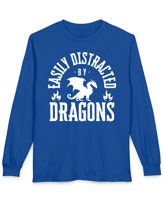Easily Distracted by Dragons shirt in royal blue featuring bold text with a dragon silhouette and flame icons