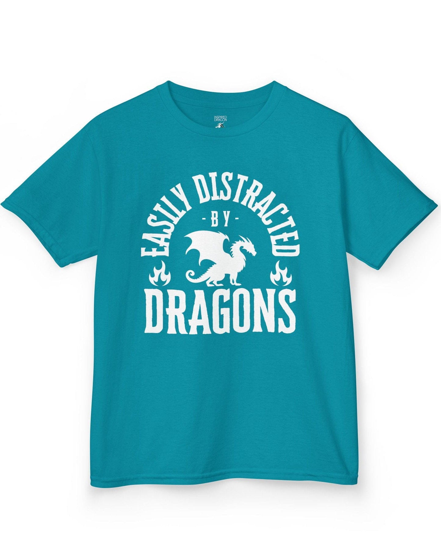 Easily Distracted by Dragons shirt in tropical blue featuring bold text with a dragon silhouette and flame icons