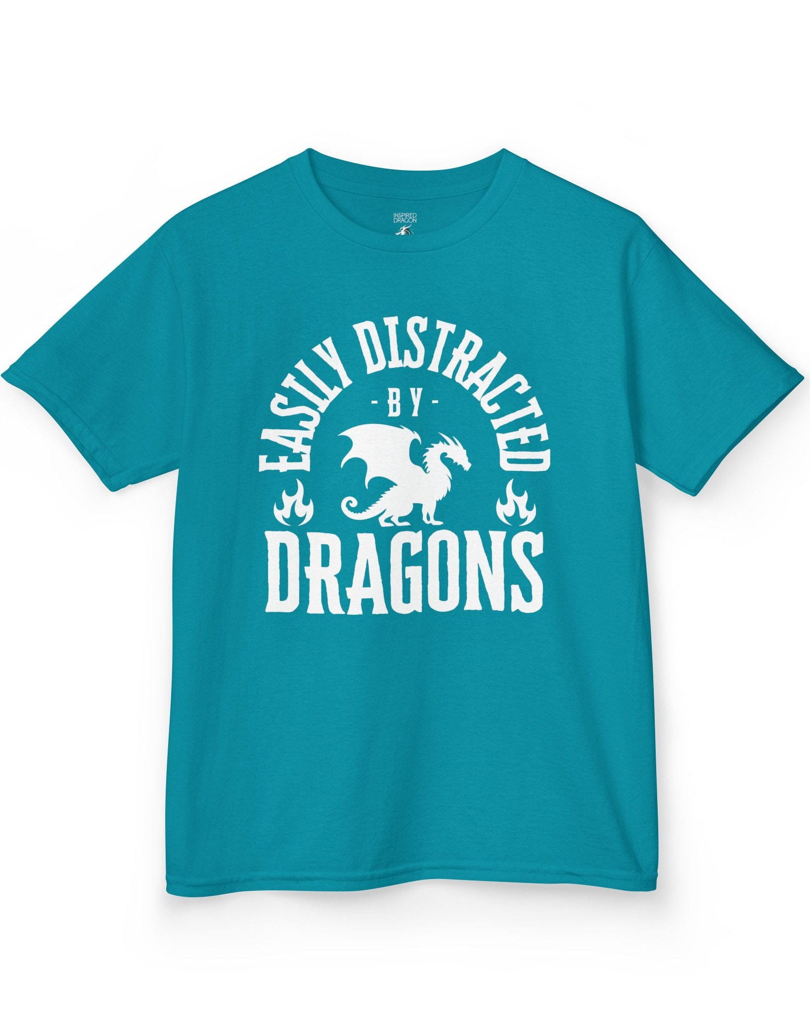 Easily Distracted by Dragons shirt in tropical blue featuring bold text with a dragon silhouette and flame icons