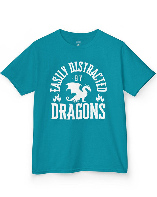 Easily Distracted by Dragons shirt in tropical blue featuring bold text with a dragon silhouette and flame icons