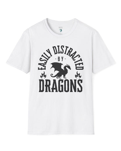 Easily Distracted by Dragons shirt in white featuring bold text with a dragon silhouette and flame icons.
