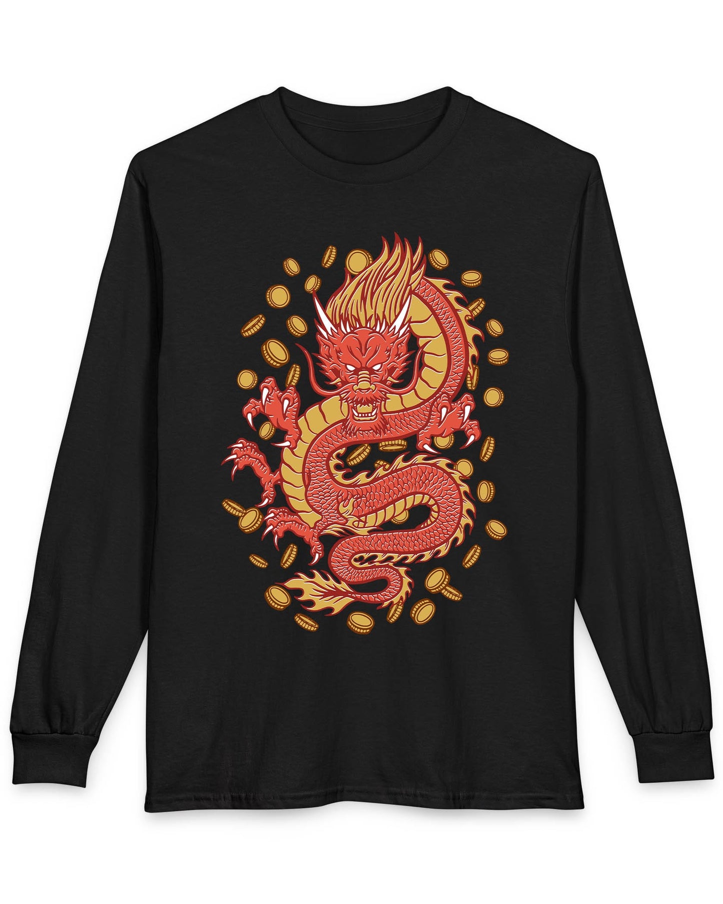 Guardian of Fortune shirt in black featuring a fierce red and gold dragon surrounded by flying coins