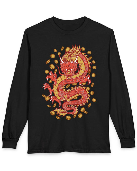 Guardian of Fortune shirt in black featuring a fierce red and gold dragon surrounded by flying coins