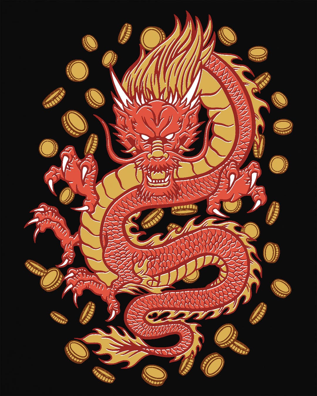 Guardian of Fortune shirt in black featuring a fierce red and gold dragon surrounded by flying coins.