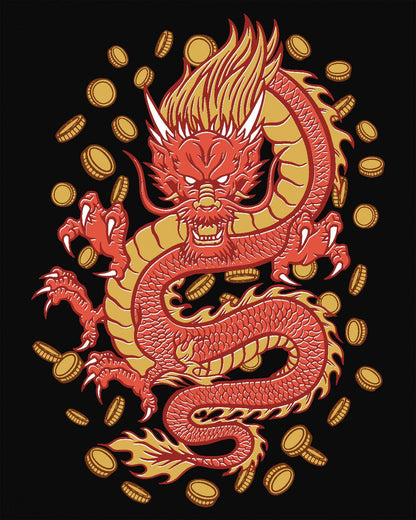 Guardian of Fortune shirt in black featuring a fierce red and gold dragon surrounded by flying coins.