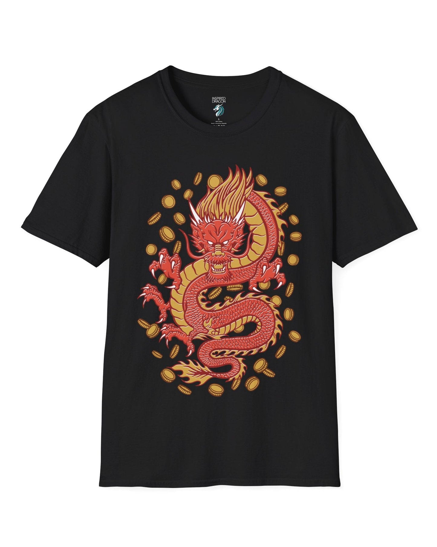 Guardian of Fortune shirt in black featuring a fierce red and gold dragon surrounded by flying coins.
