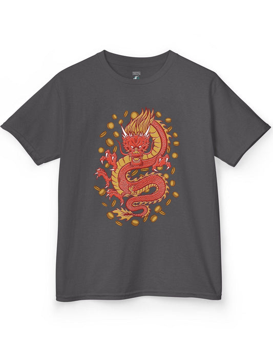 Guardian of Fortune shirt in charcoal featuring a fierce red and gold dragon surrounded by flying coins