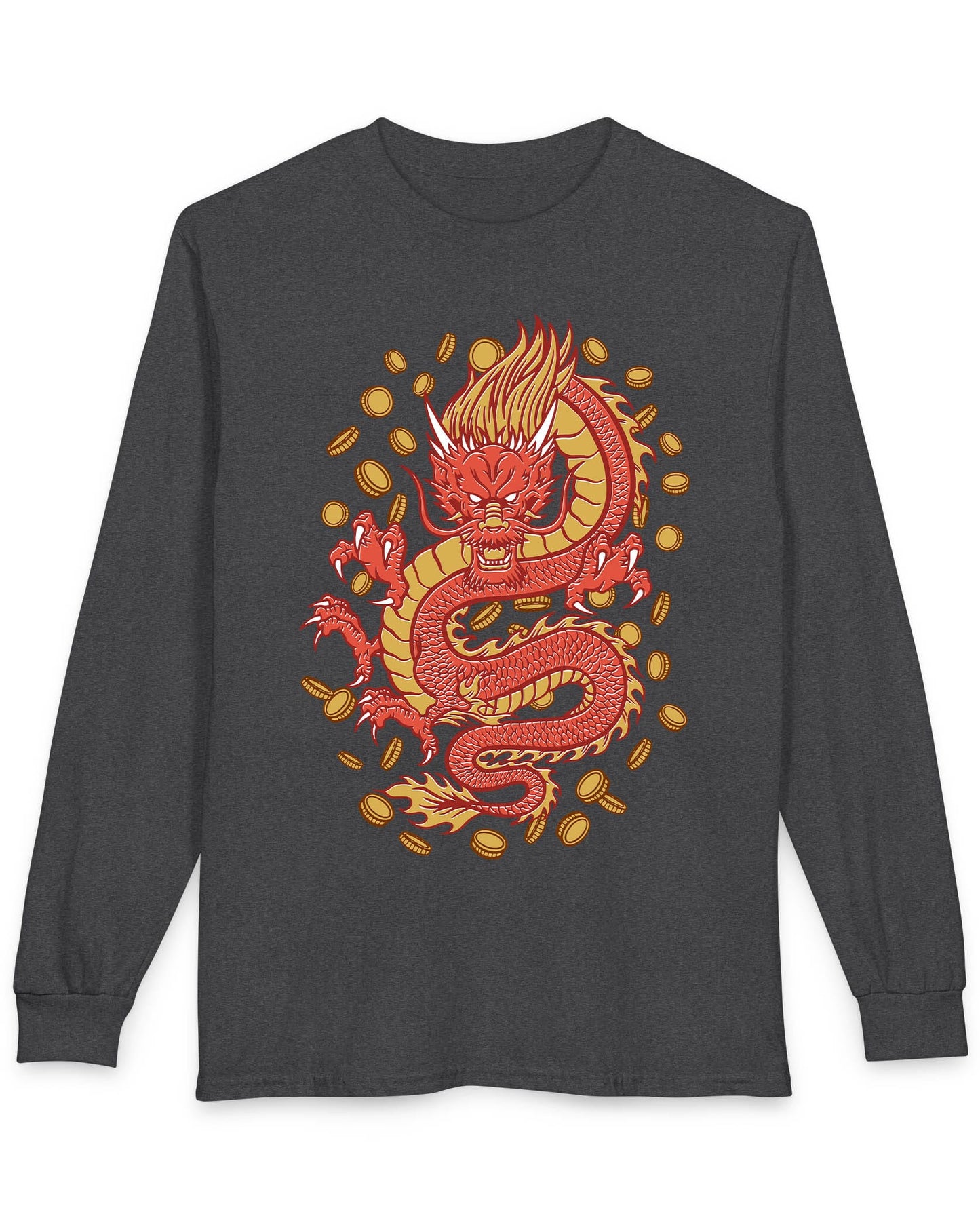 Guardian of Fortune shirt in dark heather featuring a fierce red and gold dragon surrounded by flying coins