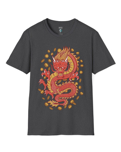 Guardian of Fortune shirt in dark heather grey featuring a fierce red and gold dragon surrounded by flying coins.
