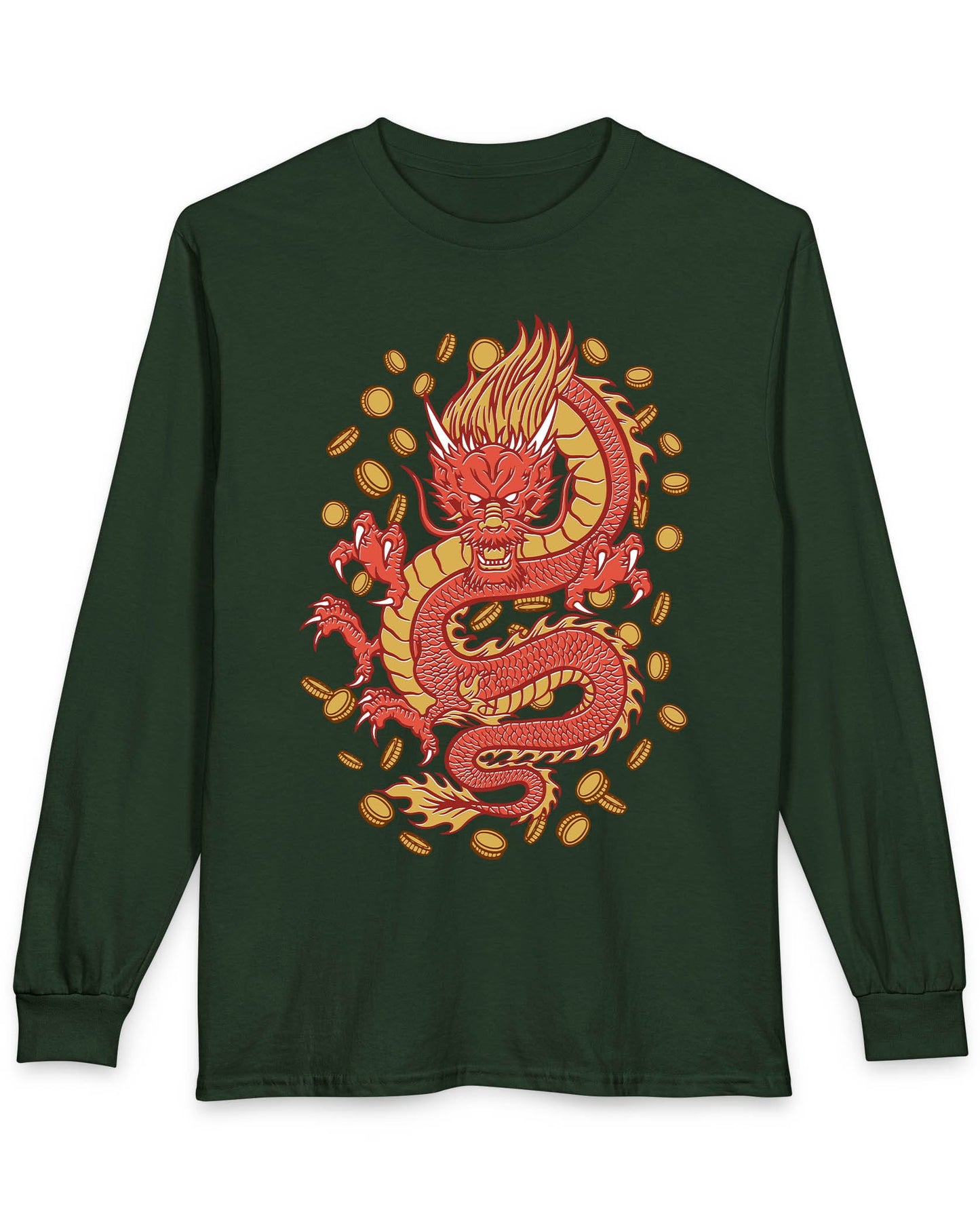 Guardian of Fortune shirt in forest green featuring a fierce red and gold dragon surrounded by flying coins