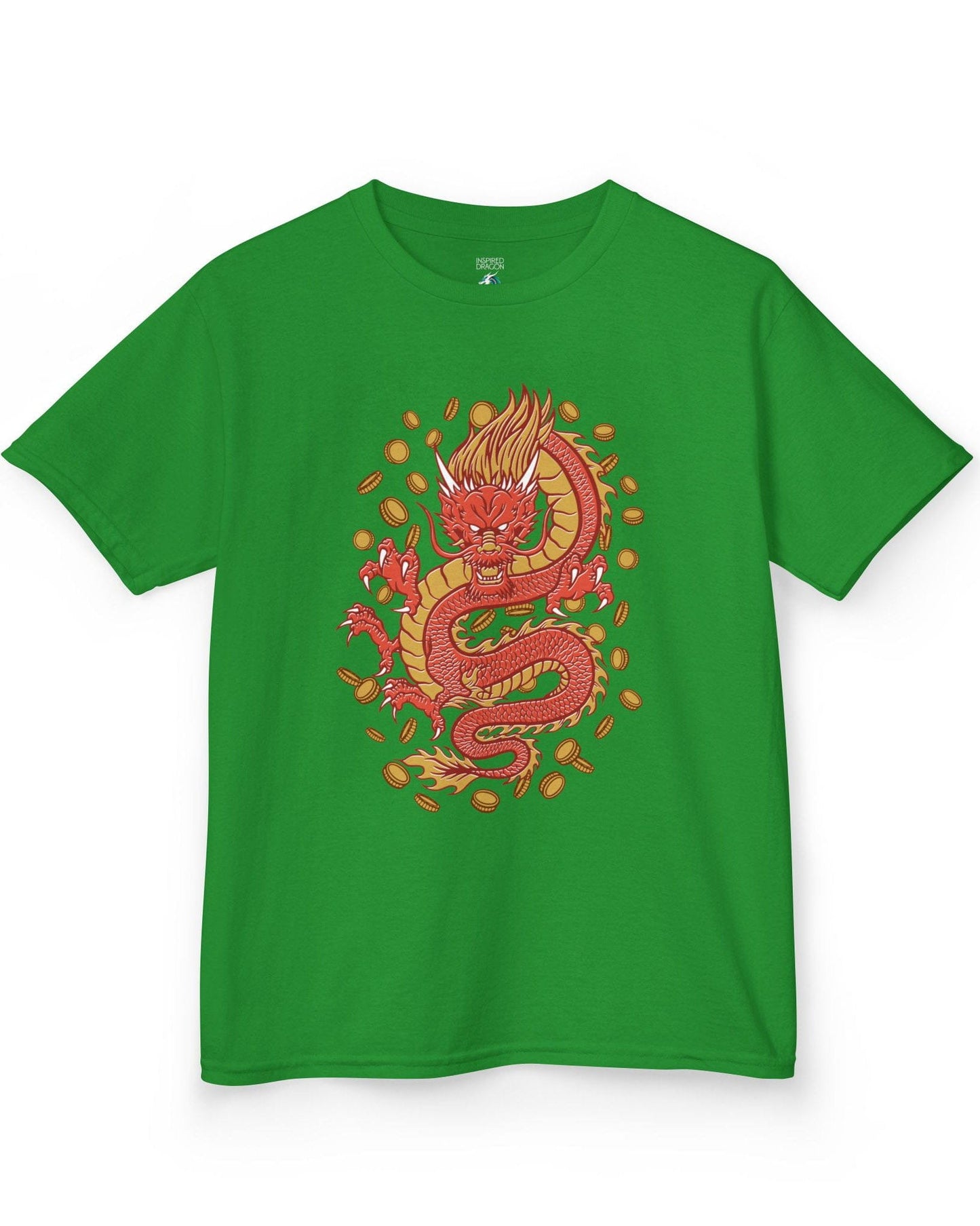 Guardian of Fortune shirt in Irish green featuring a fierce red and gold dragon surrounded by flying coins