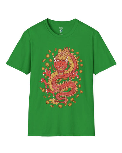 Guardian of Fortune shirt in Irish green featuring a fierce red and gold dragon surrounded by flying coins