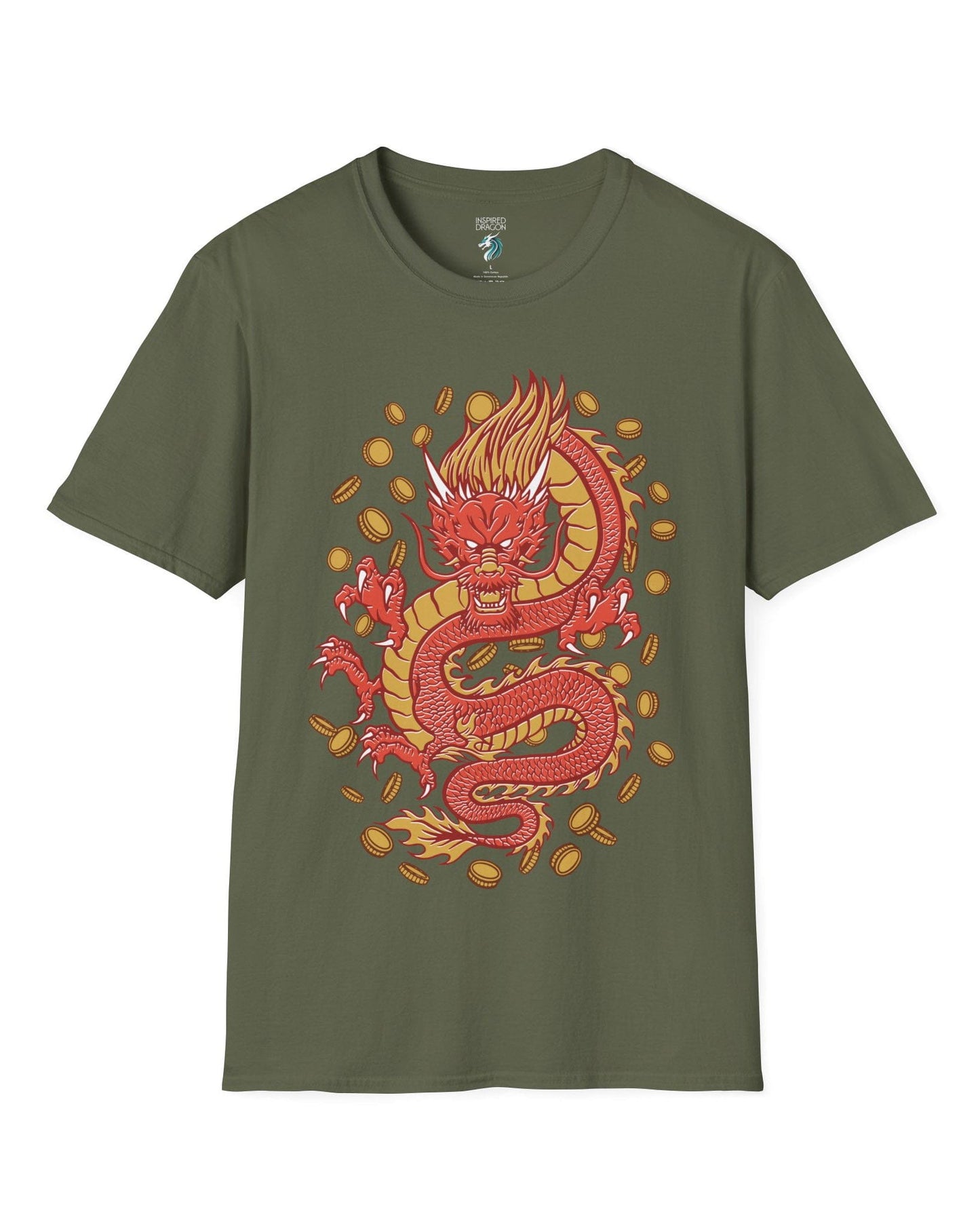 Guardian of Fortune shirt in military green featuring a fierce red and gold dragon surrounded by flying coins.
