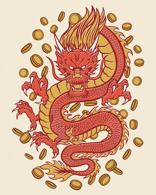 Guardian of Fortune shirt in natural featuring a fierce red and gold dragon surrounded by flying coins.