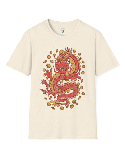 Guardian of Fortune shirt in natural featuring a fierce red and gold dragon surrounded by flying coins.