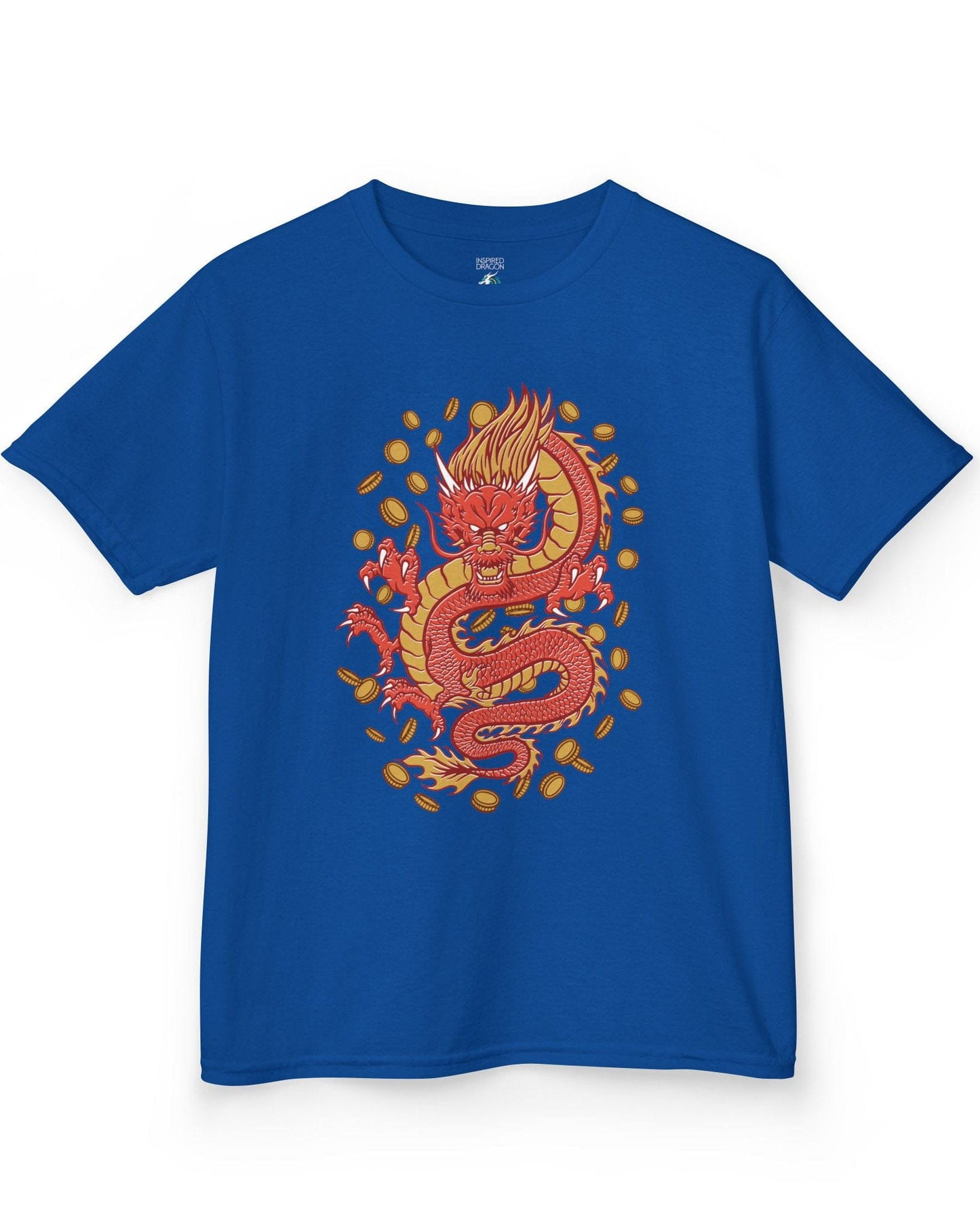 Guardian of Fortune shirt in royal blue featuring a fierce red and gold dragon surrounded by flying coins