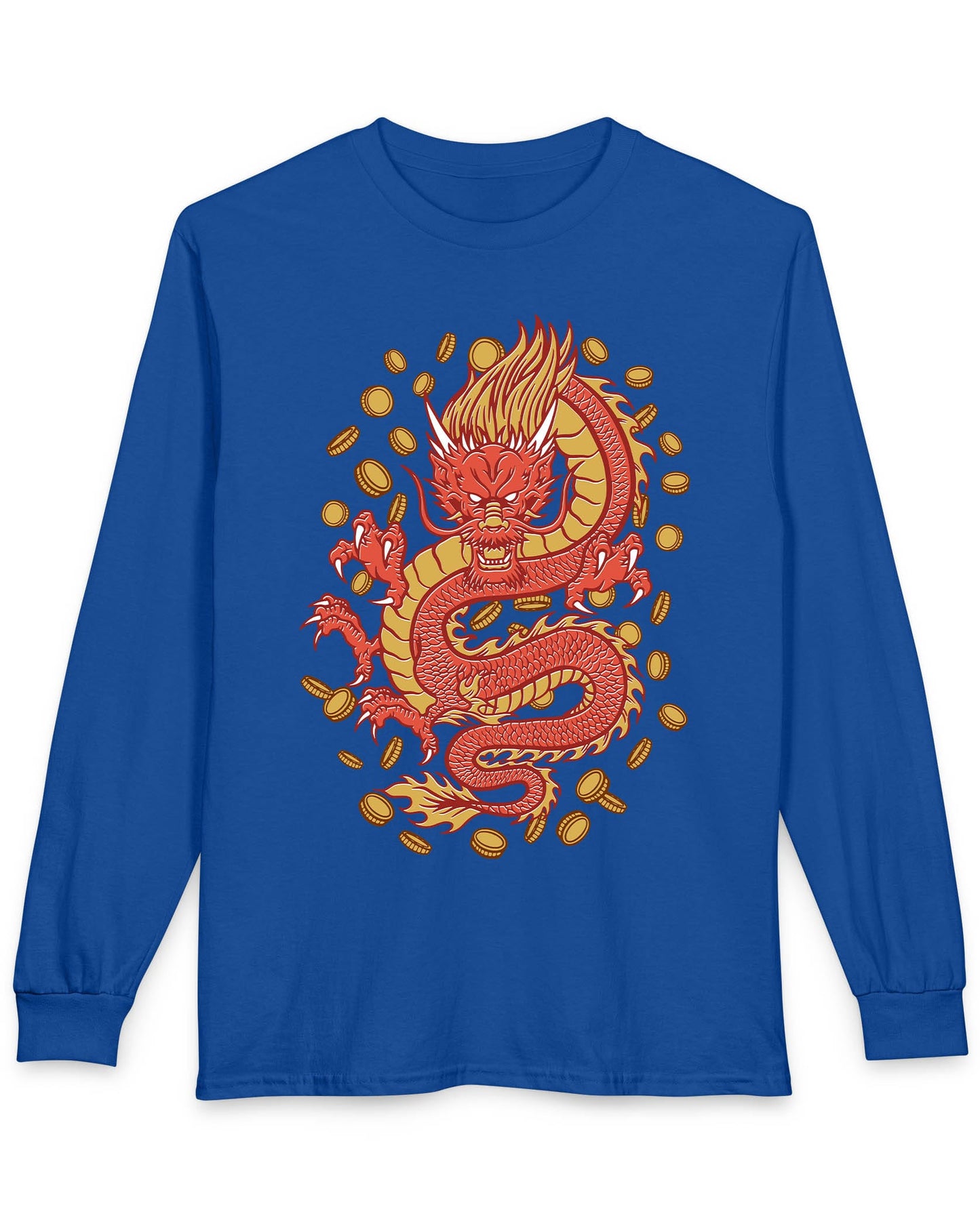 Guardian of Fortune shirt in royal blue featuring a fierce red and gold dragon surrounded by flying coins