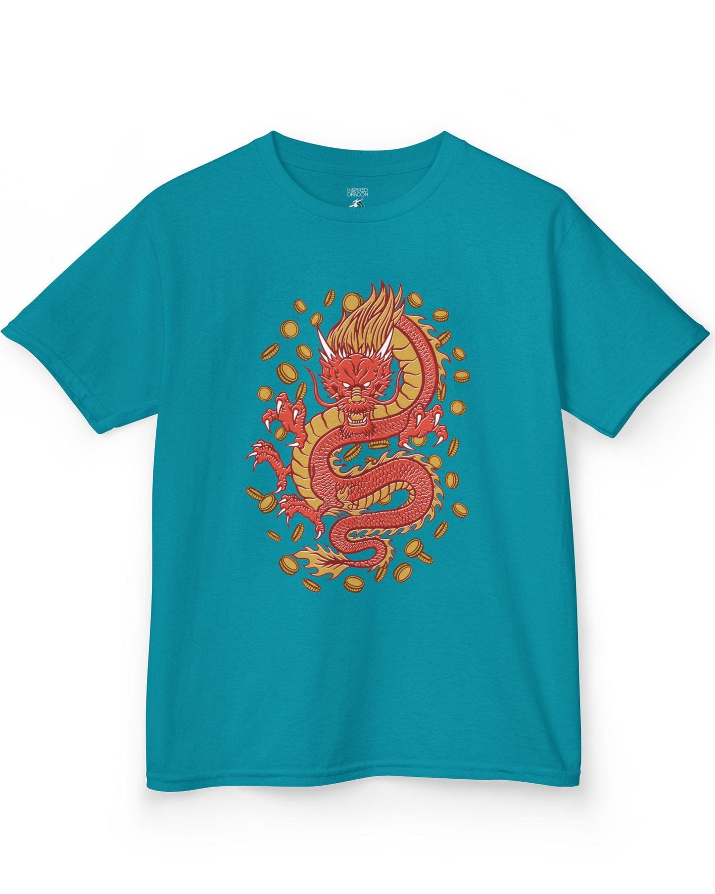 Guardian of Fortune shirt in tropical blue featuring a fierce red and gold dragon surrounded by flying coins