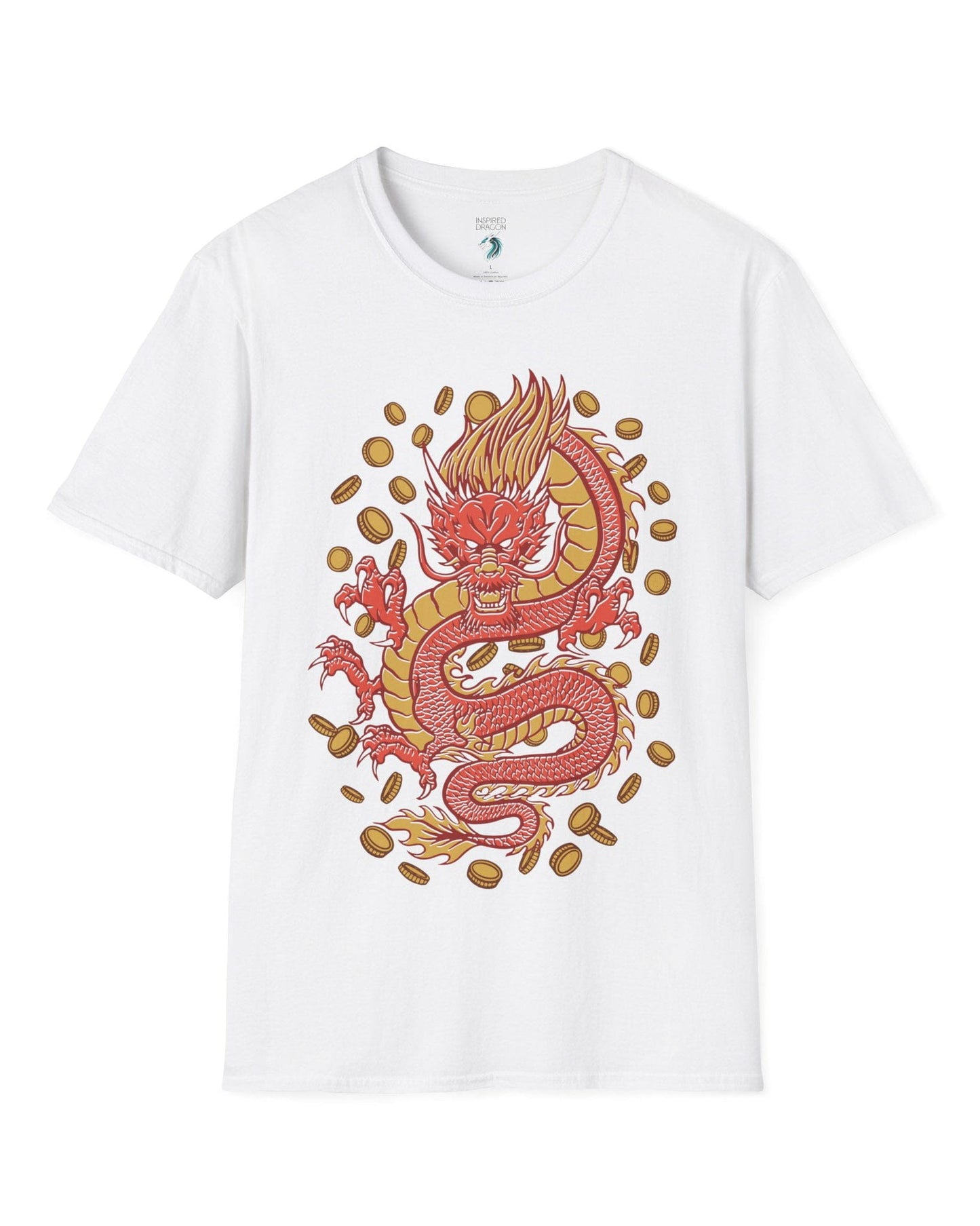 Guardian of Fortune shirt in white featuring a fierce red and gold dragon surrounded by flying coins.
