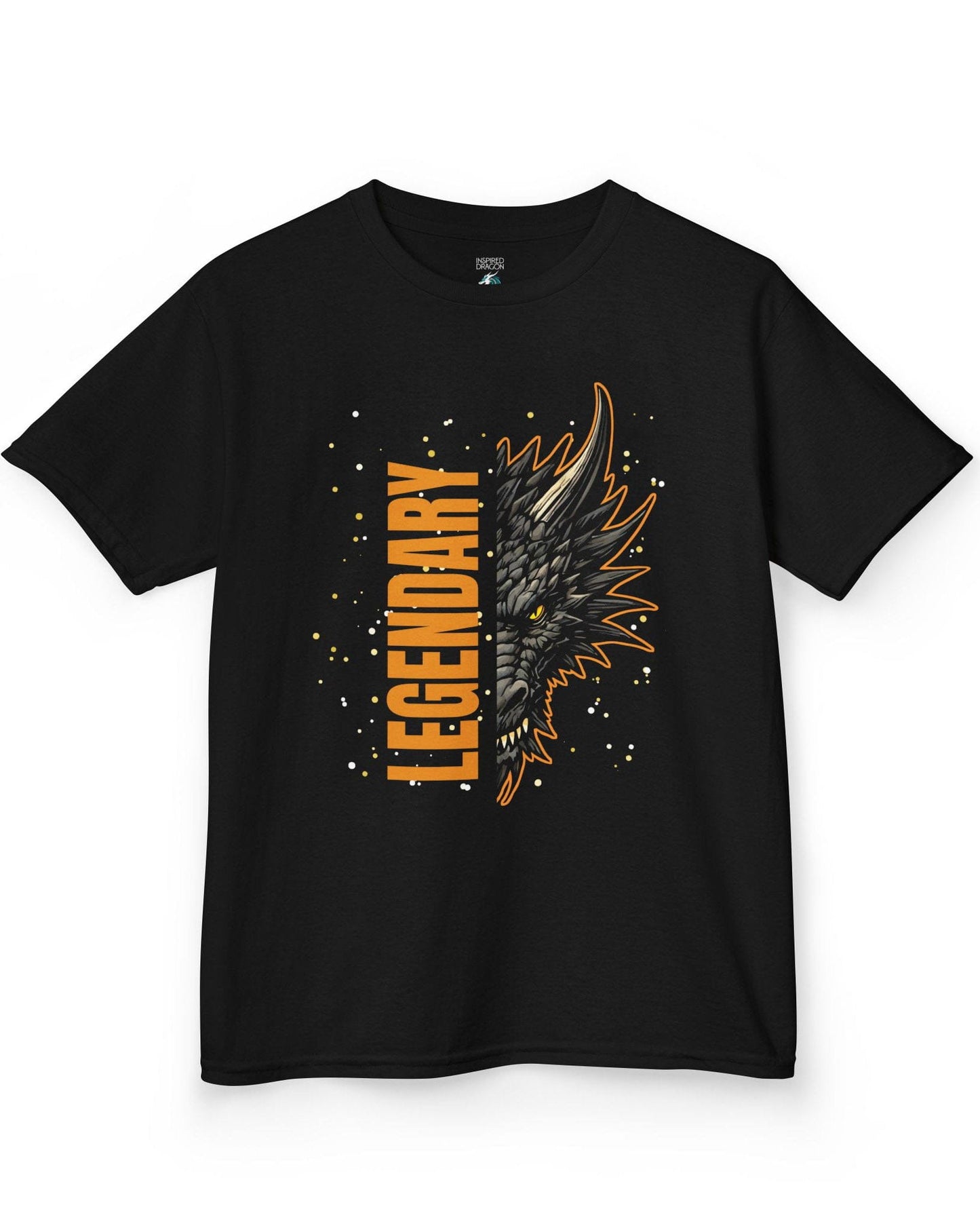 Legendary Dragon shirt in black featuring bold vertical text beside a fierce dragon face with glowing eyes