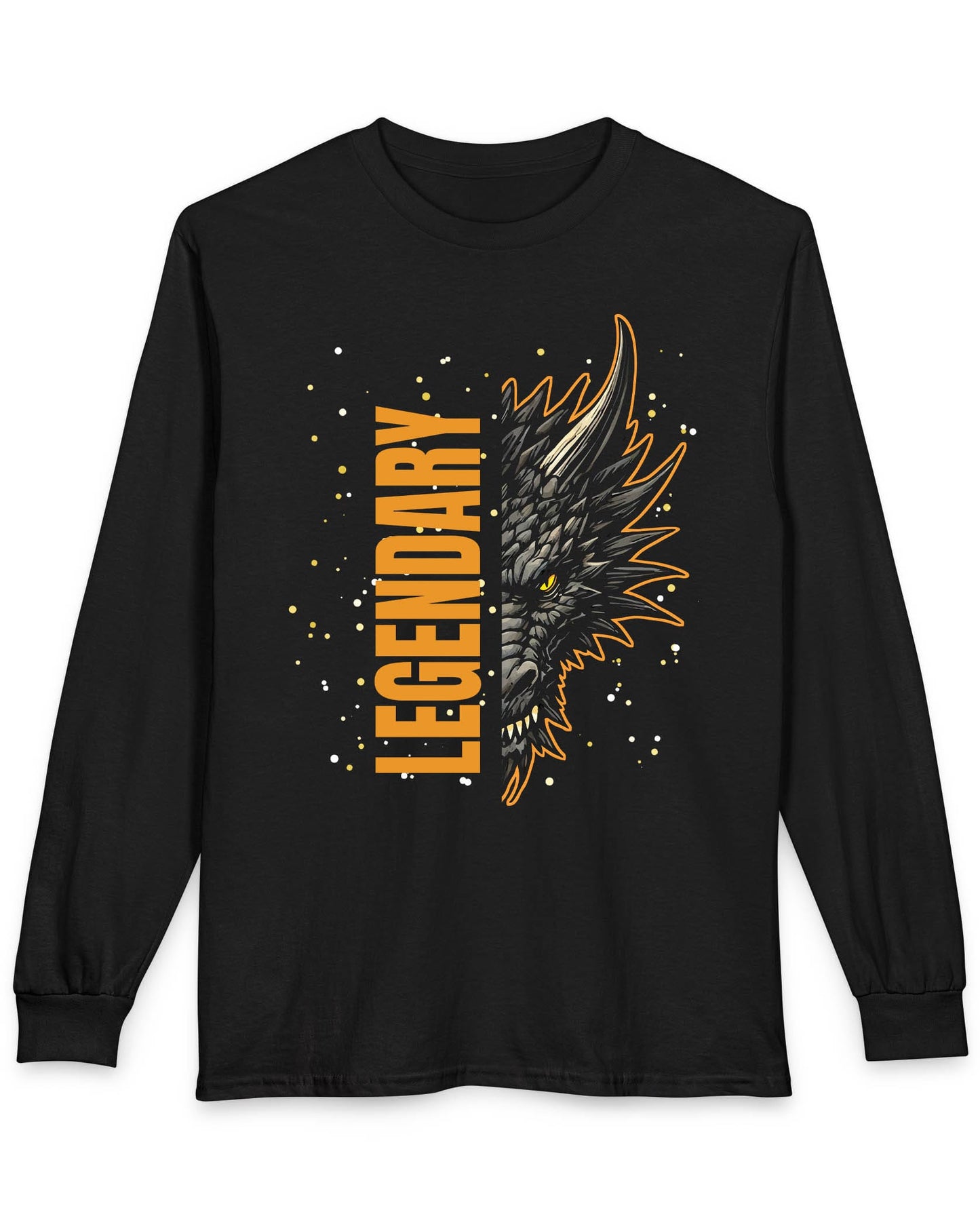 Legendary Dragon shirt in black featuring bold vertical text beside a fierce dragon face with glowing eyes