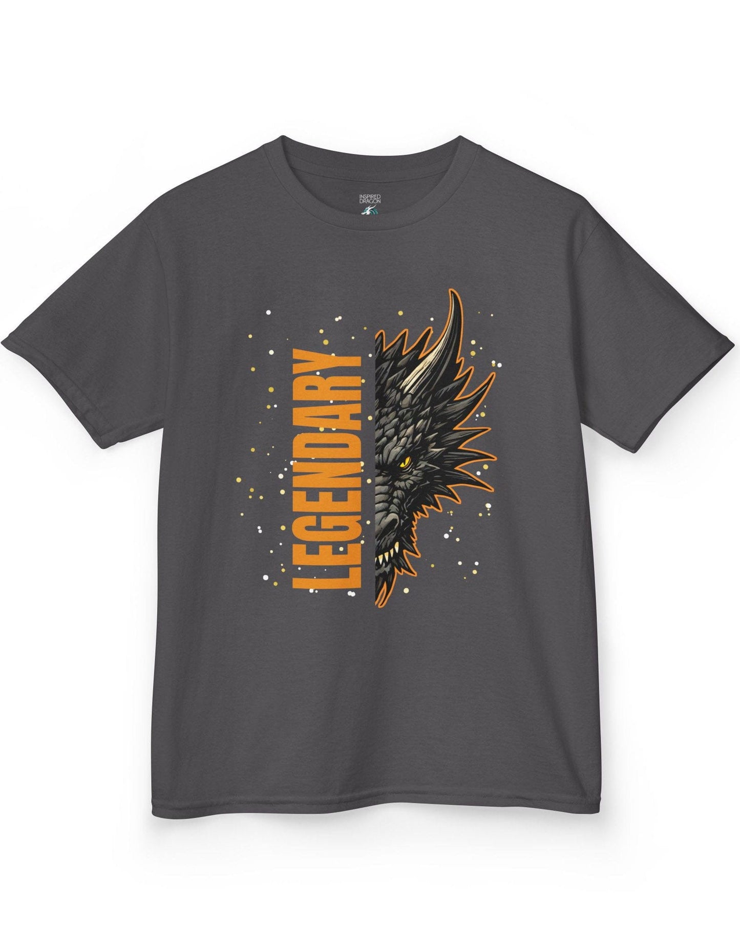 Legendary Dragon shirt in charcoal featuring bold vertical text beside a fierce dragon face with glowing eyes