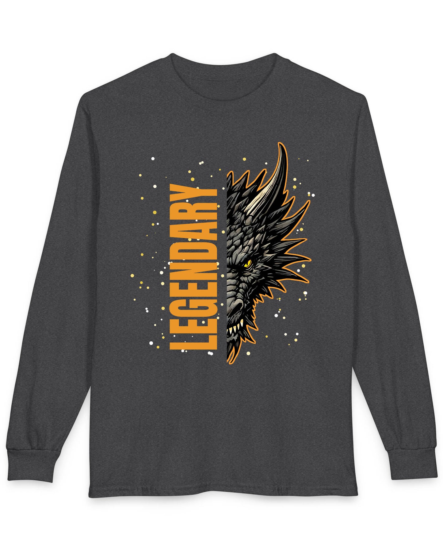 Legendary Dragon shirt in dark heather featuring bold vertical text beside a fierce dragon face with glowing eyes