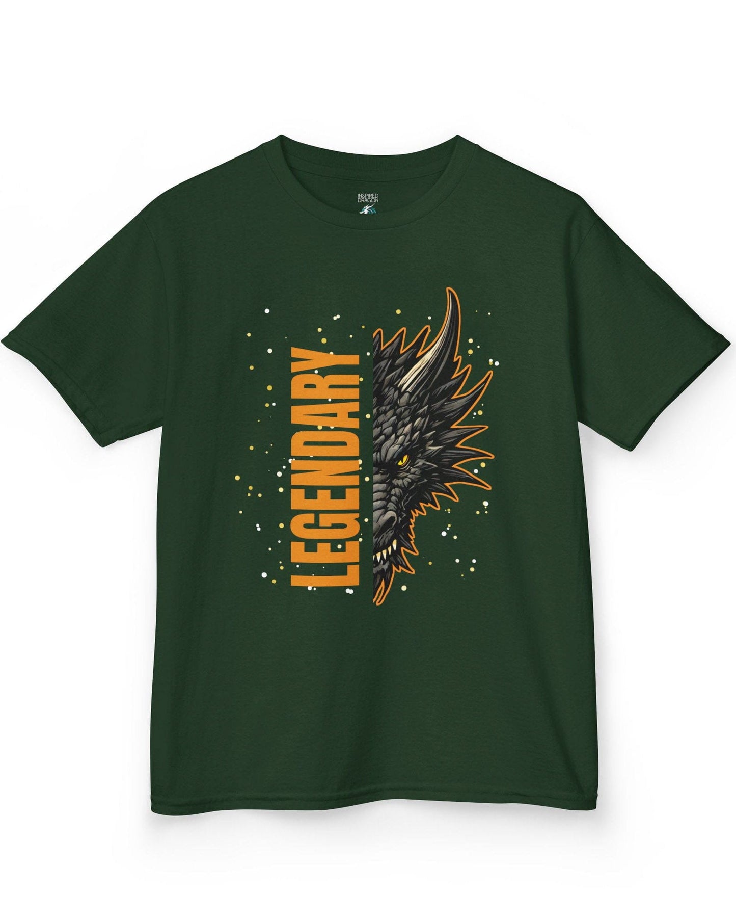 Legendary Dragon shirt in forest green featuring bold vertical text beside a fierce dragon face with glowing eyes
