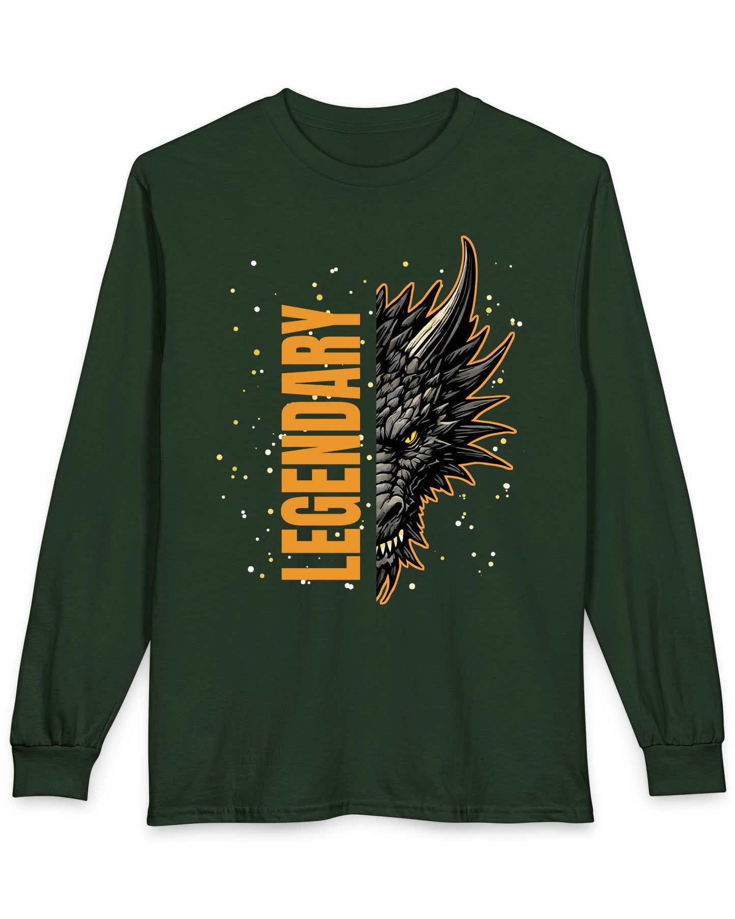 Legendary Dragon shirt in forest green featuring bold vertical text beside a fierce dragon face with glowing eyes