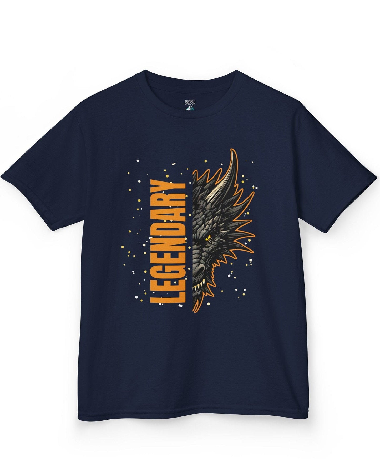 Legendary Dragon shirt in navy featuring bold vertical text beside a fierce dragon face with glowing eyes