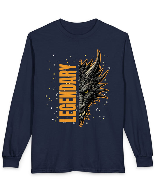 Legendary Dragon shirt in navy featuring bold vertical text beside a fierce dragon face with glowing eyes