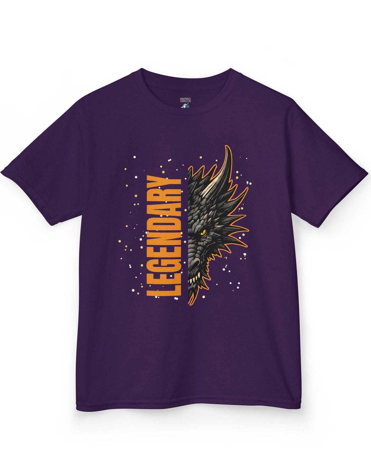 Legendary Dragon shirt in purple featuring bold vertical text beside a fierce dragon face with glowing eyes