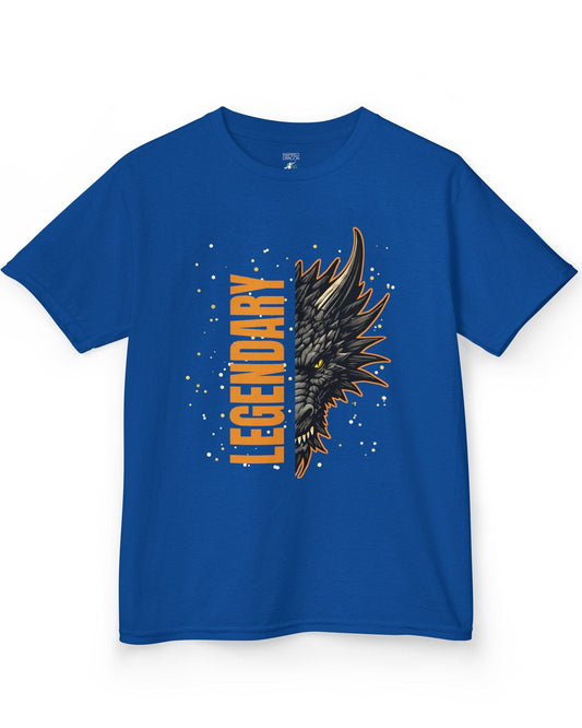 Legendary Dragon shirt in royal blue featuring bold vertical text beside a fierce dragon face with glowing eyes