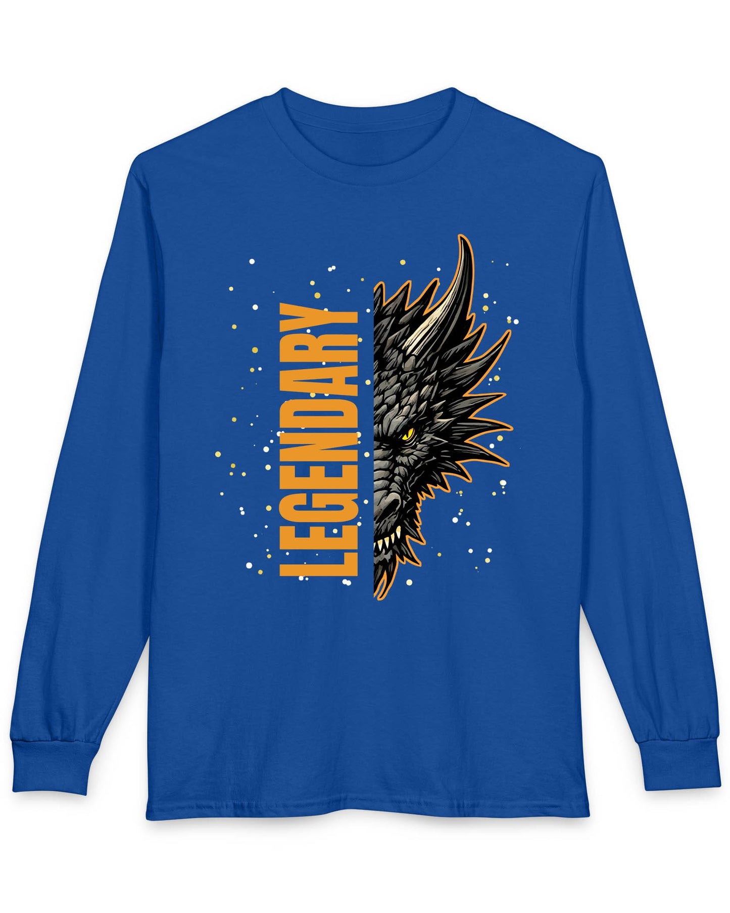Legendary Dragon shirt in royal blue featuring bold vertical text beside a fierce dragon face with glowing eyes