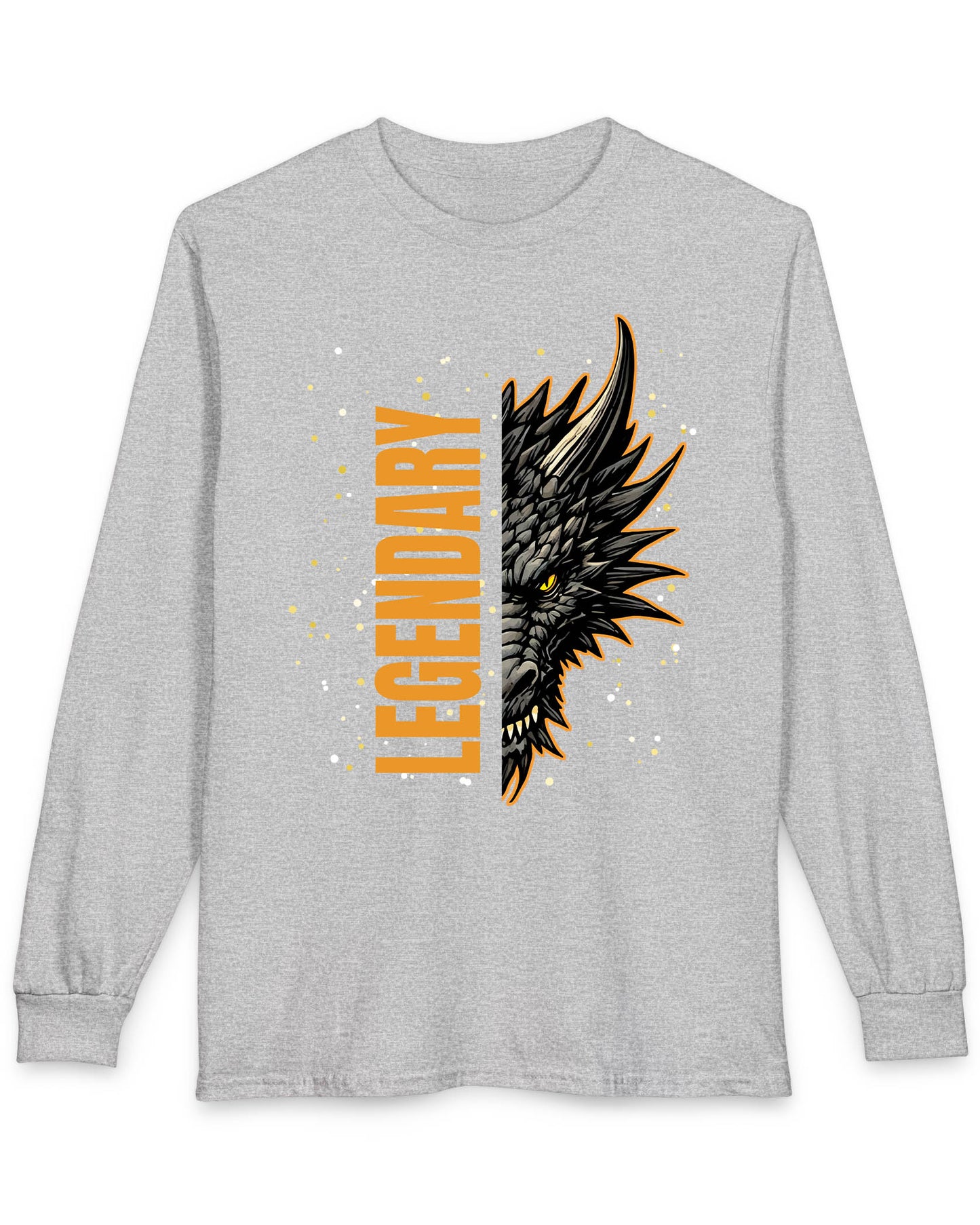 Legendary Dragon shirt in sport grey featuring bold vertical text beside a fierce dragon face with glowing eyes