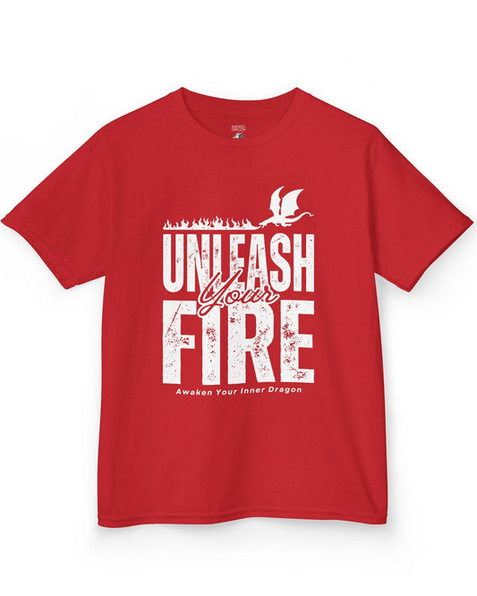 Unleash Your Fire shirt in red featuring bold distressed text and a fire-breathing dragon