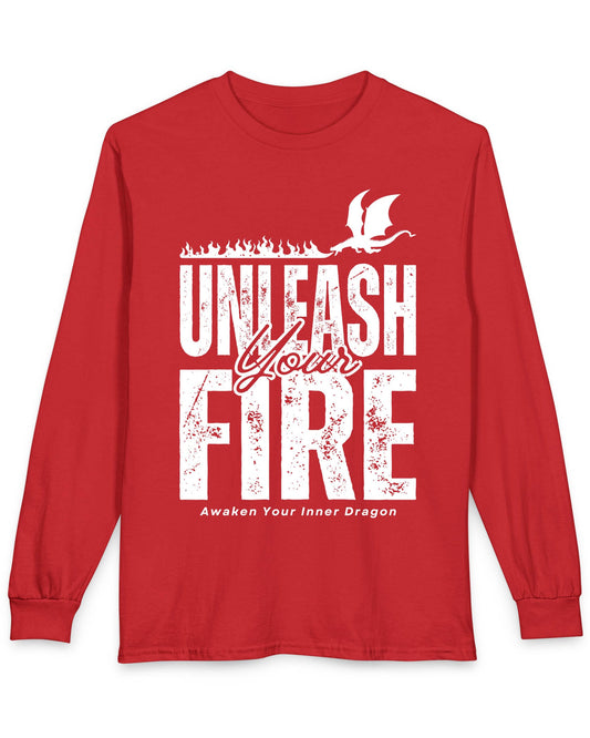 Unleash Your Fire shirt in red featuring bold distressed text and a fire-breathing dragon