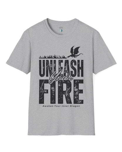 Unleash Your Fire shirt in sport grey, featuring bold distressed text and a fire-breathing dragon.
