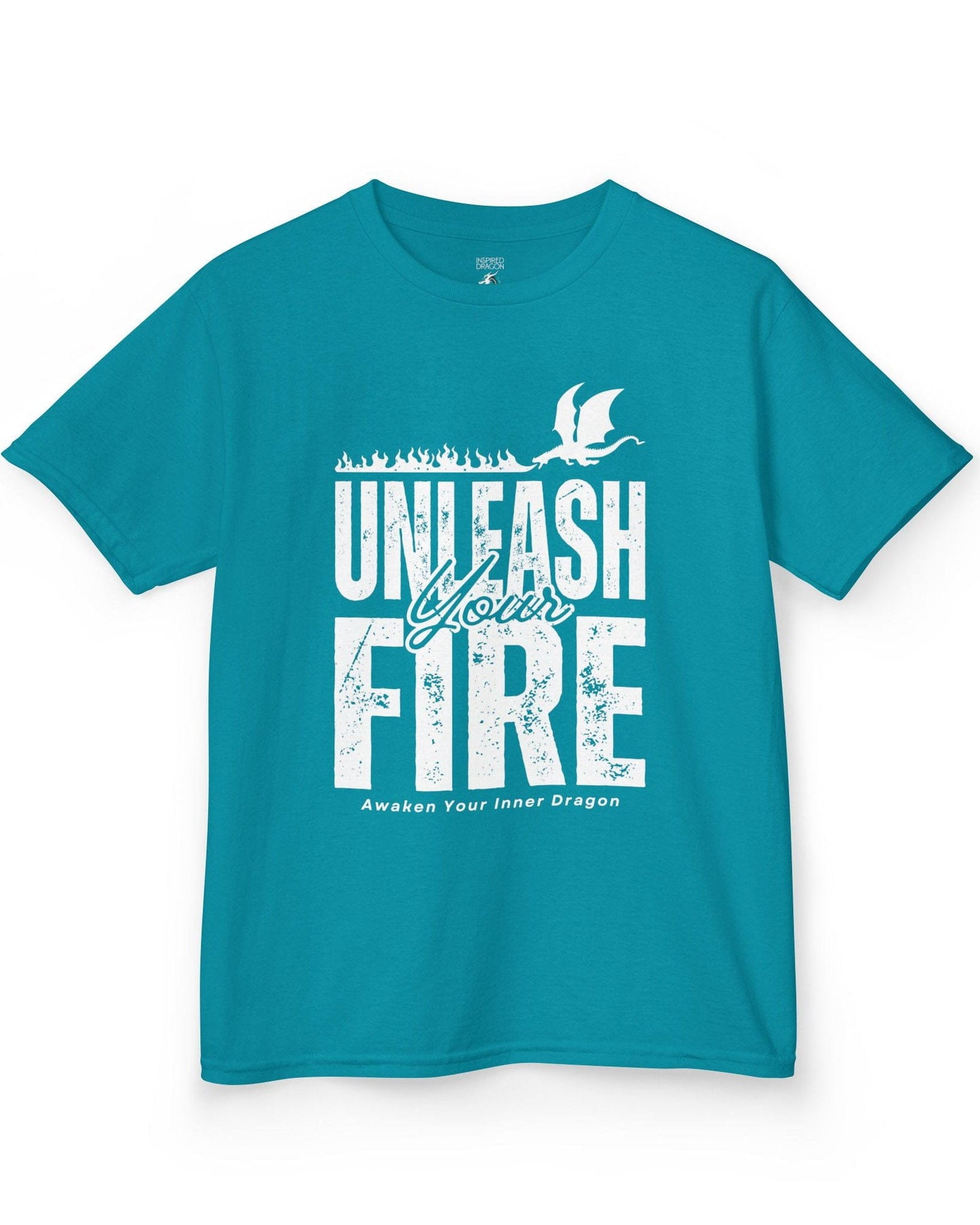 Unleash Your Fire shirt in tropical blue featuring bold distressed text and a fire-breathing dragon