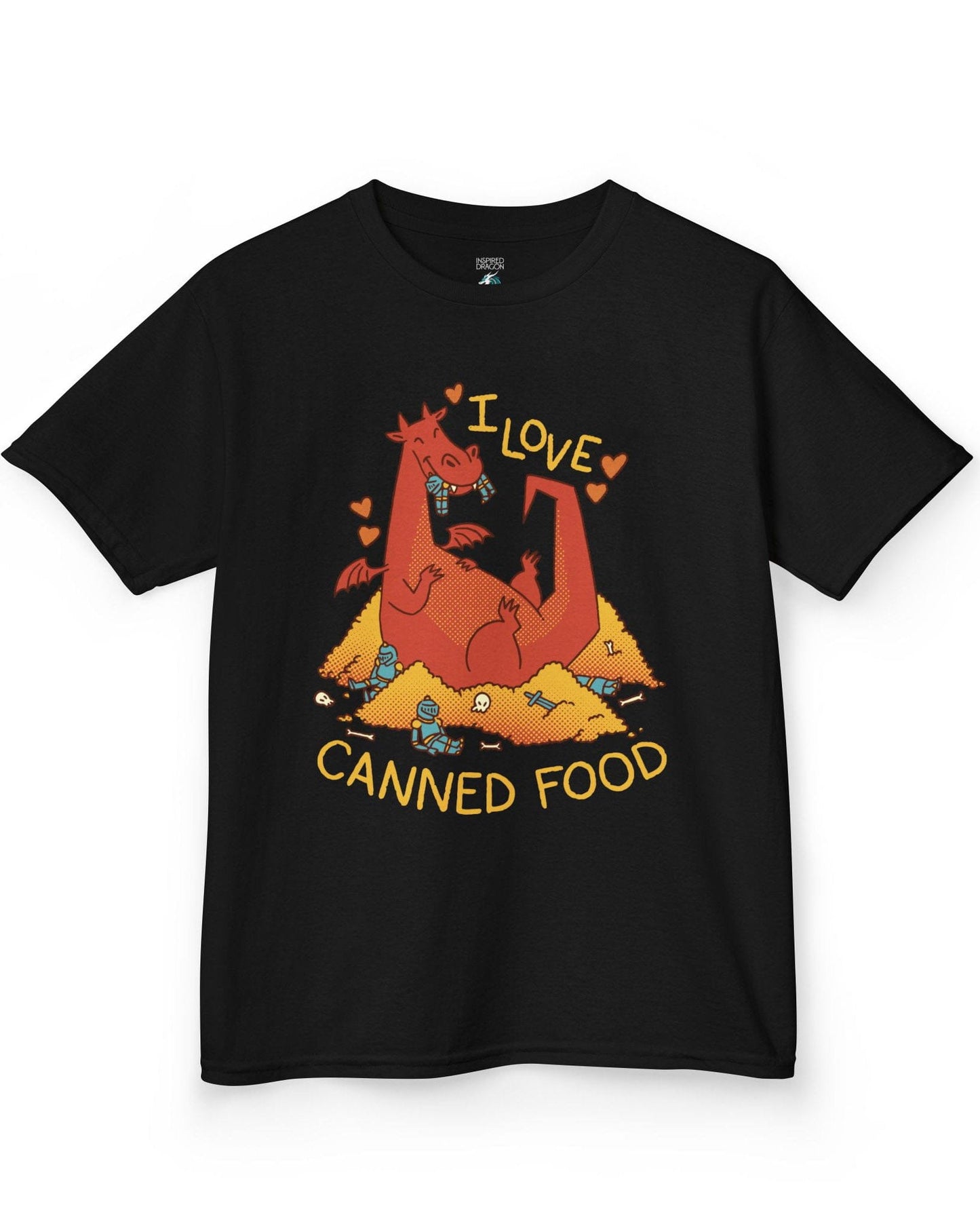 I Love Canned Food shirt in black featuring a happy red dragon snacking on knights in armor atop a pile of gold