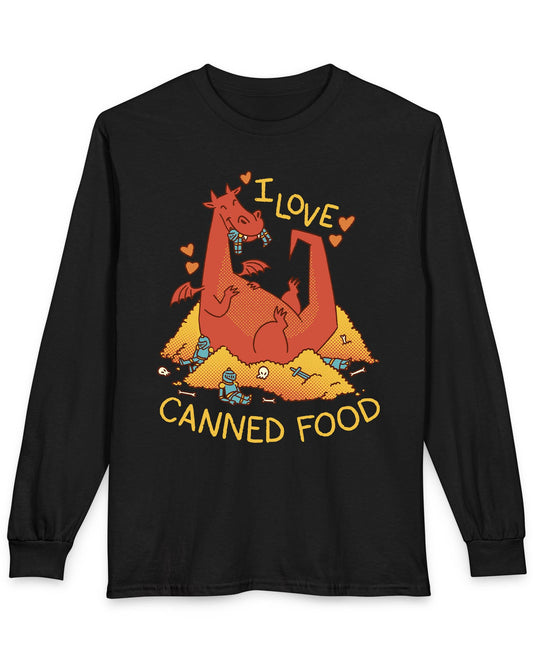 I Love Canned Food shirt in black featuring a happy red dragon snacking on knights in armor atop a pile of gold