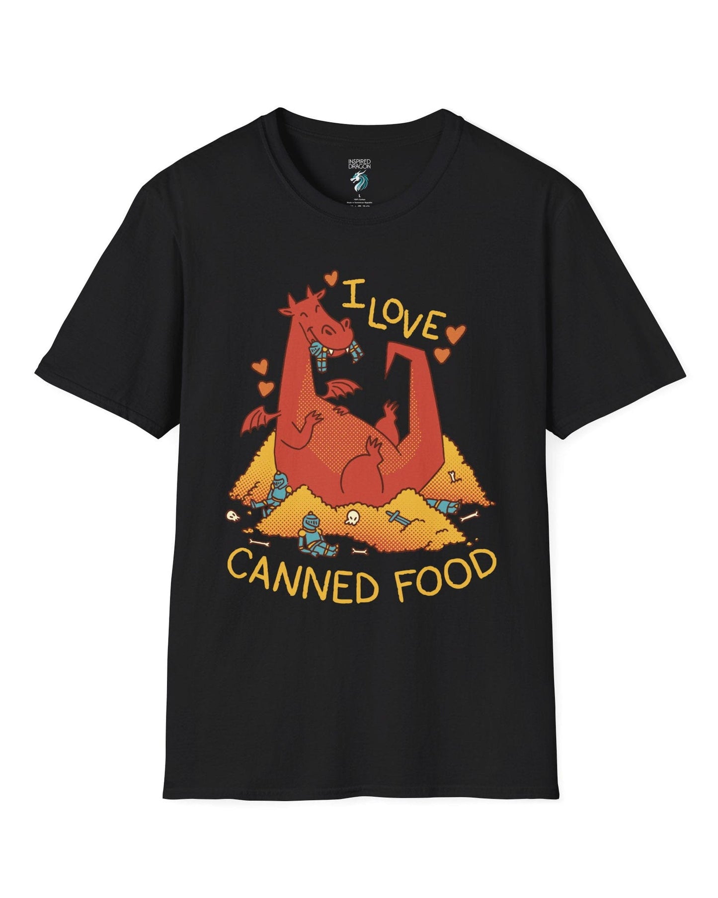 I Love Canned Food shirt in black featuring a happy red dragon snacking on knights in armor atop a pile of gold.

